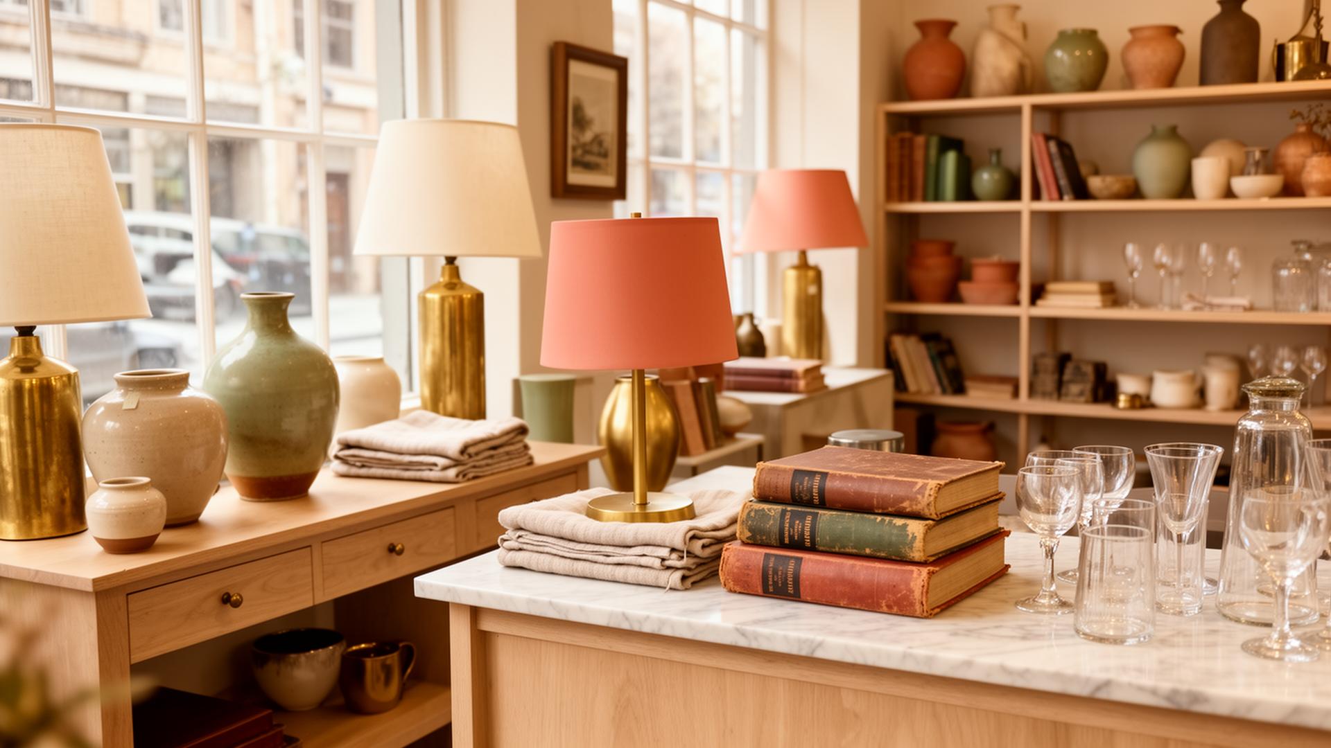 Curated boutique interior with vintage lamps, ceramics, and linen textiles